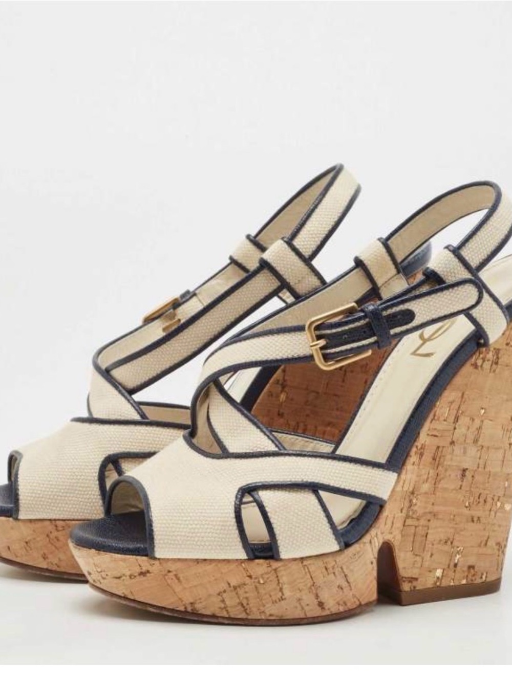 Yves Saint Laurent White/Navy Blue Canvas Deauville Cork Wedge Sandals Size 38
